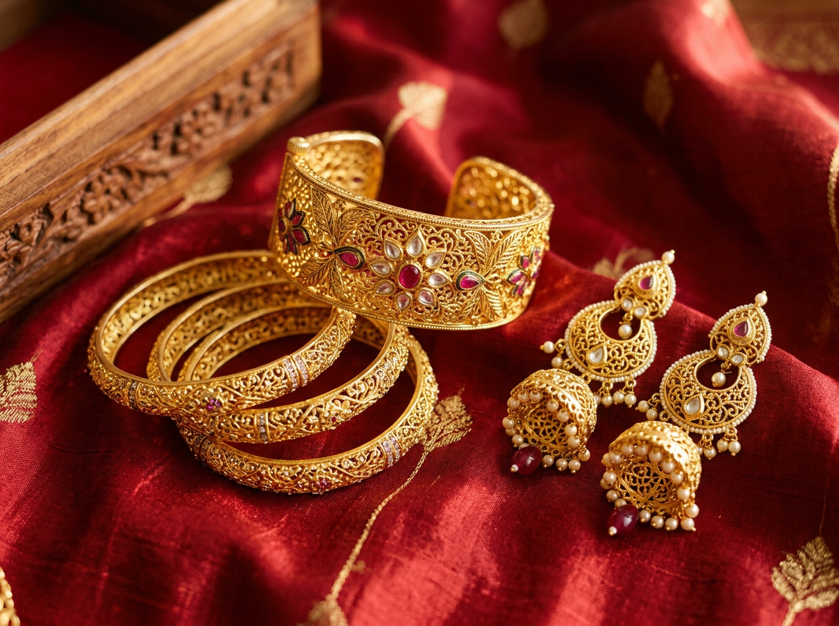 Pakistani gold bangles and earrings traditional design