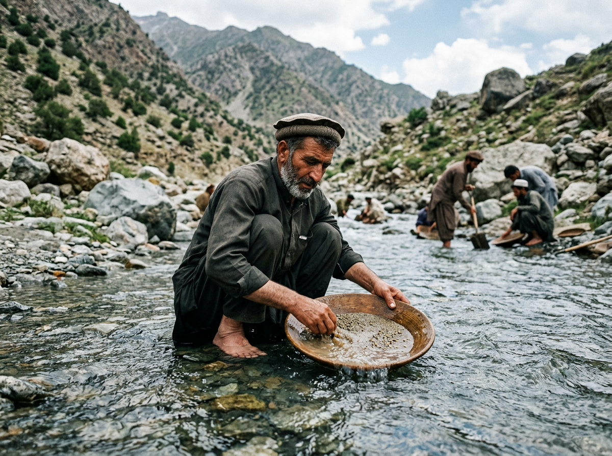 Artisanal gold panning in Pakistan mountain river