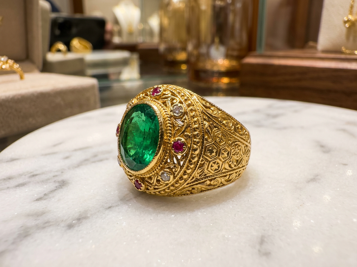 Traditional Pakistani gold ring with Islamic geometric pattern