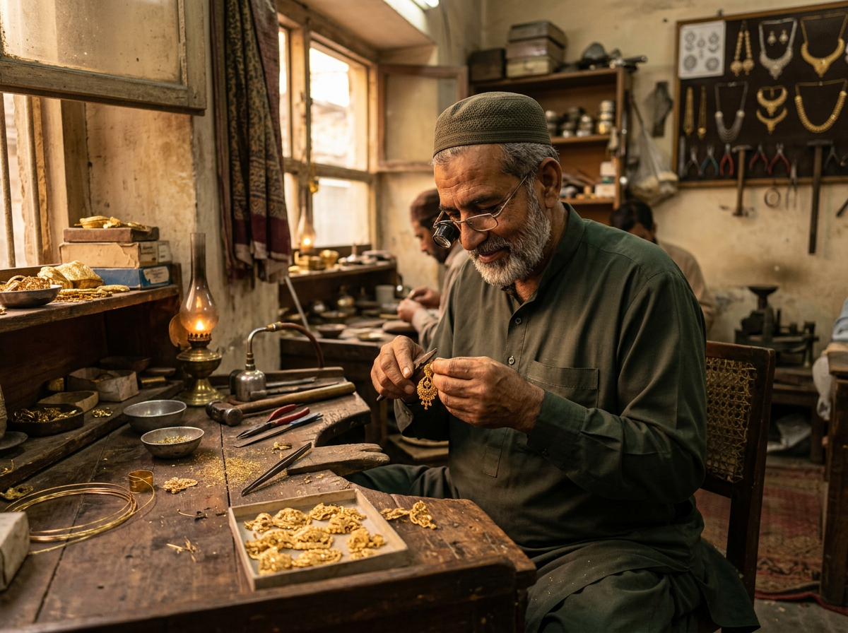 Pakistani goldsmith crafting jewelry