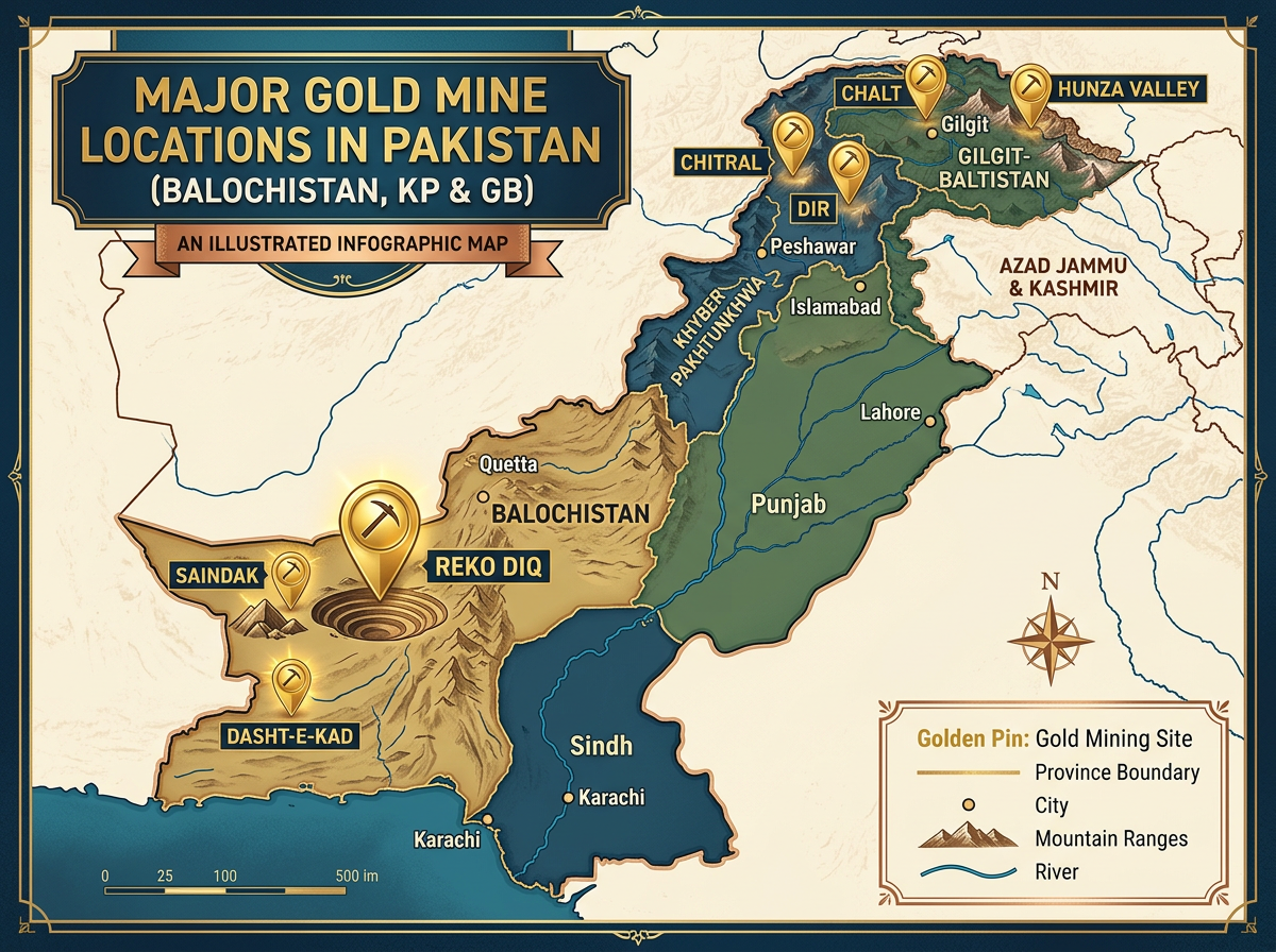 Map showing major gold mine locations across Pakistan provinces